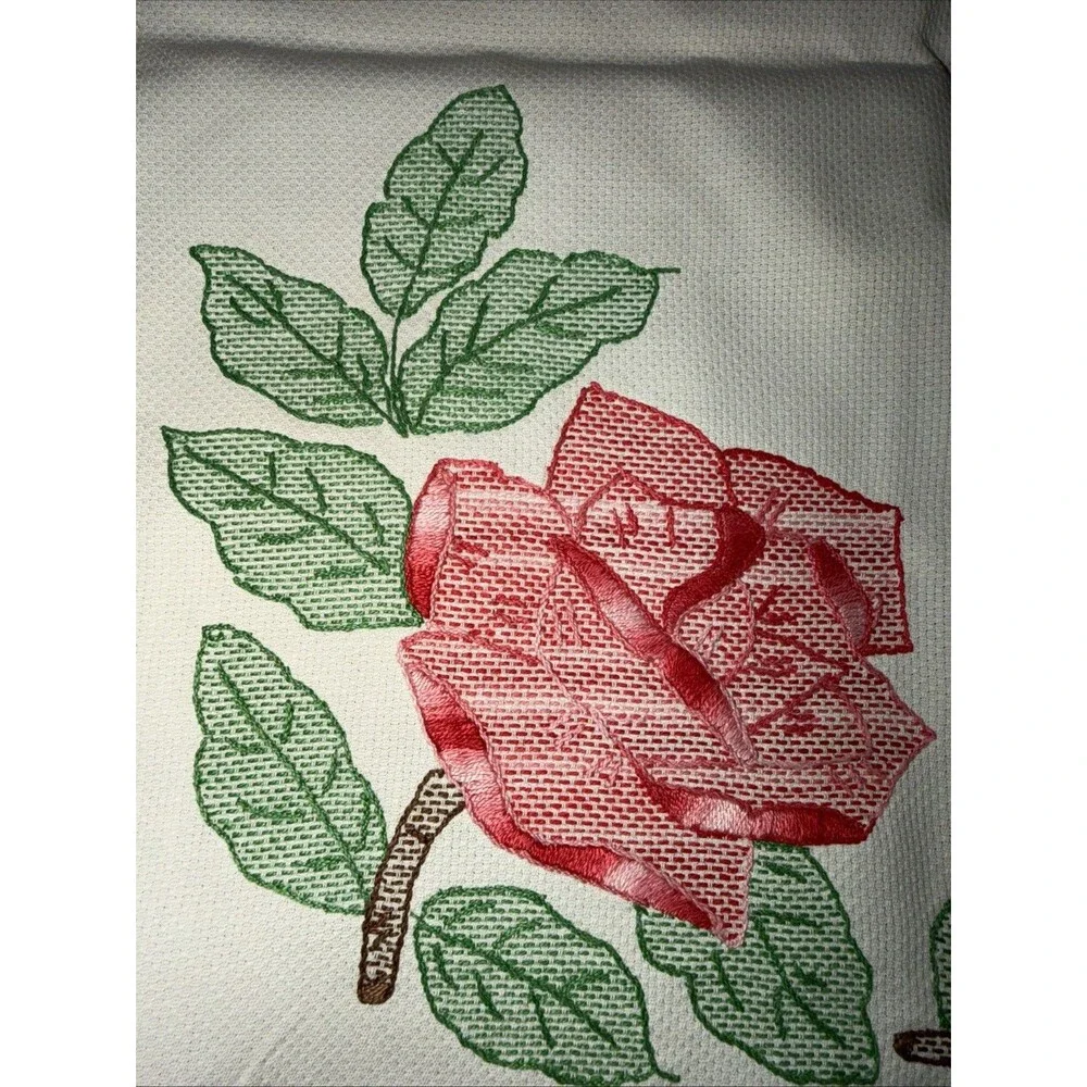 Antique Floral Table Runner Pink Rose Cross Stitch Farmhouse Cottagecore 43x16”